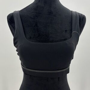 Aerie black sports bra with hook and‎ eye back strap grey stitching size M NWT